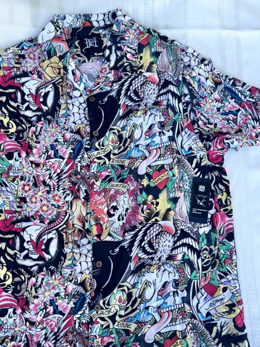 Ed Hardy shirt button down men’s large new NWT allover print skull floral unisex